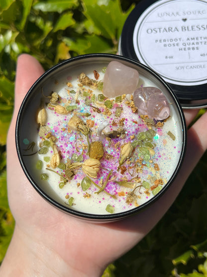 Ostara Blessings Easter Spring Equinox Herbal Intention Crystal Candle | Home Decor Ritual Altar Tool Crystal Stone Scented Soy Candle Devotional Gift
